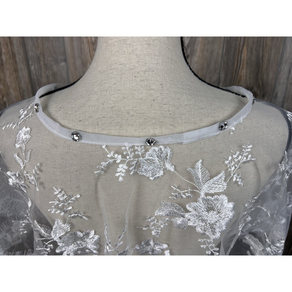 Bridal Sheer Mesh Embroidery Lace Asymmetric Shawl Cape Wedding Prom Party - Picture 7 of 7